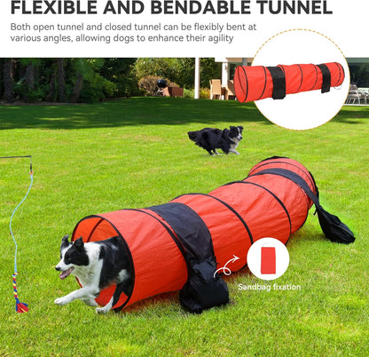YITAHOME Dog Agility Training Equipment Set with Flexible Tunnel, Hurdle, Jump Ring, 6 Weave Poles, Pause Platform, Teaser Pole, 3 Flying Discs, and Carry Bags for Indoors Outdoors, Orange/Blue