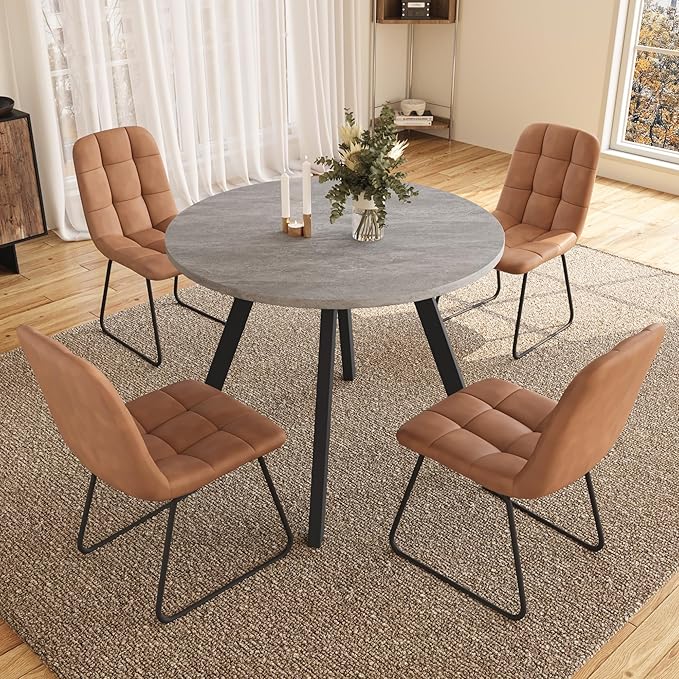 34.6'' Dining Table and Chairs for 4, Mid Century Modern Round Table Set, Space Saving for Apartment Kitchen Dining Room (Grey Table+4 U-Shaped Brown Chairs)