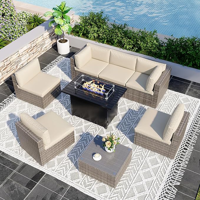 8 Pieces Outdoor Patio Furniture Set with 43" Fire Pit Table, Wicker Outdoor Patio Sectional Sofas with Coffee Table and Cushions, All-Weather Patio Conversation Set for Backyard Garden, Beige