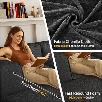 106" Sectional Compressed Sofa Modular Couches,High-Density Foam No Assembly Required,3-Piece(1xCorner 1xArmless 1xOttoman) for Living Room, Chenille Dark Gery