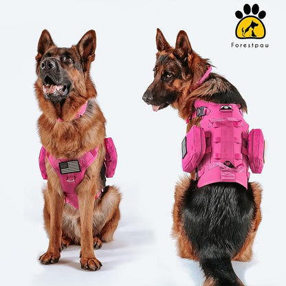 Forestpaw Pink Tactical Dog Harness Tactical Dog Collar with Bungee Leash Set,No Pull Military Dog Harness for Walking Training,Adjustable for Medium Dogs,Chest 17-25"