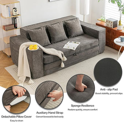HOMREST 76" Convertible Memory Foam 3-seat Sofa, Pull Out Sleeper Sofa Bed, 2 in 1 Folding Couch Bed, Fold Out Floor Couch Corduroy Fabric with 3 Pillows for Living Room Bedroom Lounge (Grey)