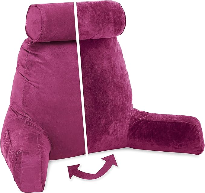 Husband Pillow XXL Aspen Edition - Adult Reading Bed Rest Pillow with Arms & Detach Neck Roll on Bungee Cord - Premium Memory Foam, Reversible 2 Sided Covers Micro Suede or Plush, Sliding Raspberry