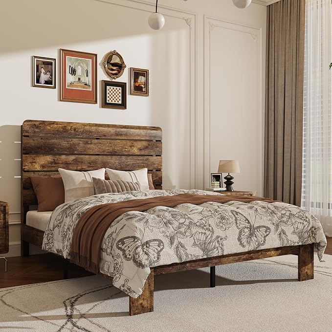 Full Size Wooden Bed Frame with Headboard, Rustic Farmhouse Platform Bedframe with Wood Slat Support, Sturdy and No Noise, Easy Assembly (Brown, Full)