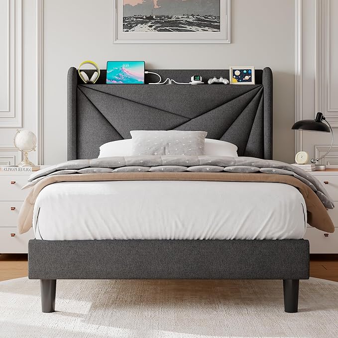 Twin Size Upholstered Bed Frame with Charging Station, Platform Bed Frame with Storage Headboard, Solid Wood Slats Support, No Box Spring Needed, Dark Gray