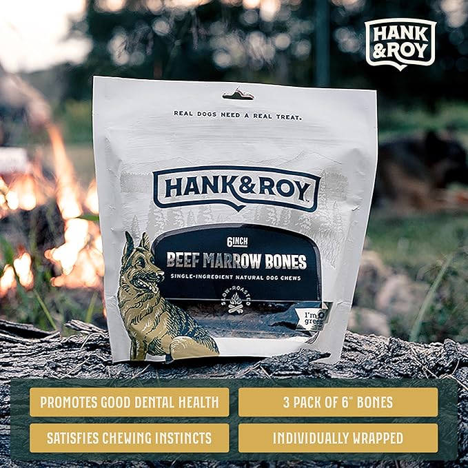 Hank & Roy All-Natural, Single-Ingredient Beef Marrow Bones for Dogs, Long Lasting, Engaging, High Collagen Bone Marrow Dog Bones, Individually Wrapped for Odor Control and Freshness