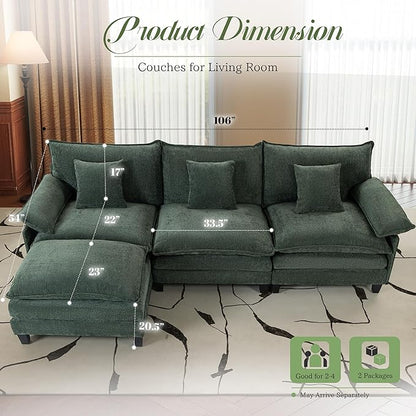 Modular Sectional Sofa, Comfy Cloud Couch with Movable Ottoman, Deep Seat Couches for Living Room, Bedroom and Apartment, 106" L Shaped Modern Sofa with Pillows, Green