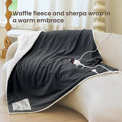 Heated Blanket Electric Throw Waffle, 50x60 Inches Sherpa Fleece Fast Heating