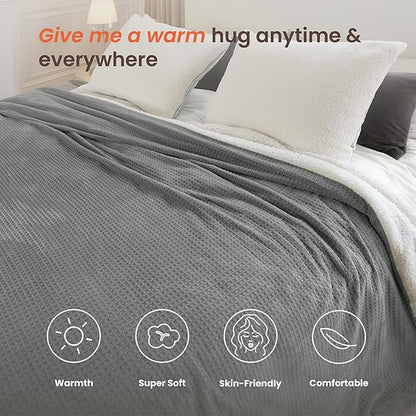 Heated Blanket Electric Blanket King Waffle, 90x100 Inches Sherpa Fleece Fast