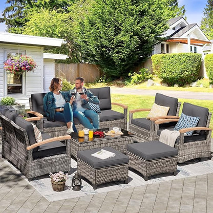 MEISSALIVVE Patio Furniture Sets, 7 Pieces Outdoor Rattan Furniture Conversation Sets with 2 Wood Armrests Swivel Rocker Chairs, 2 Ottoman, 3-Seat Sofa, 2-Seat Sofa and Coffee Table(Grey)