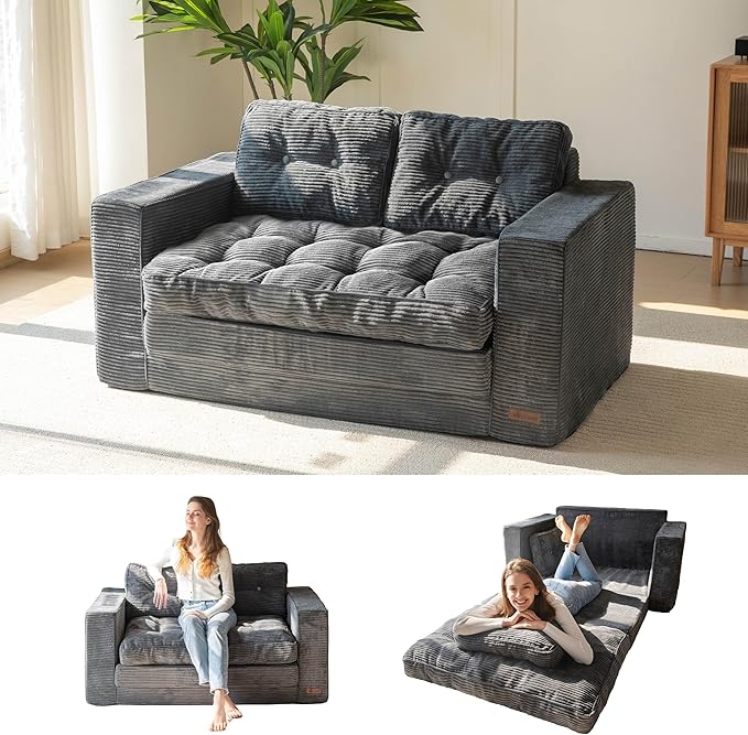 MAXYOYO Convertible Sofa Bed, Pull Out Loveseat Sleeper Sofa, 2 in 1 Folding Couch Bed, Fold Out Floor Couch with Pillows for Living Room Bedroom Lounge, Dark Grey