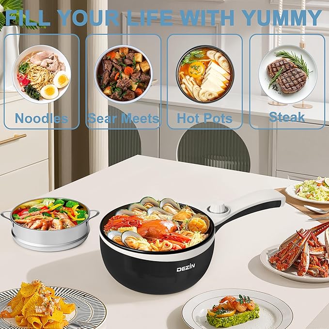 Dezin Hot Pot Electric with Steamer Upgraded, Non-Stick Sauté Pan, Rapid