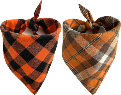 Realeaf Fall Halloween Dog Bandanas 2 Pack, Orange Plaid Pet Scarf for Boy and Girl, Premium Durable Fabric, Holiday Thanksgiving Bandana for Medium and Large Dogs (Large)