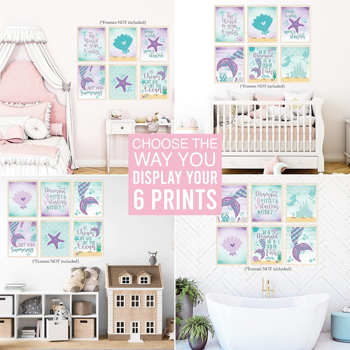 Hadley Designs 6 Mermaid Wall Decor – Reversible Magical Mermaid Wall Art for Nursery & Bathroom, Under the Sea Unframed Ocean-Themed Room Decor Prints for Girls' Bedroom