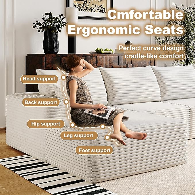 136" Sectional Couches for Living Room Modern Modular Sofa with L-Shape Couchs Upholstered Boneless Couch Deep Seat Sectional Couch with Chaise (White, Left Facing Chaise+3Seaters)
