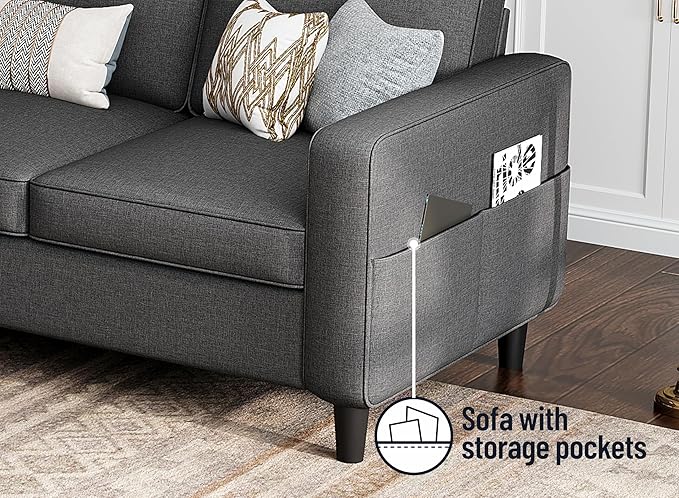 Sectional Sofas Couches for Living Room Convertible 3 Seater L Shaped Couch with Removable Storage Ottoman 78" Dark Grey Modern Linen Sofa for Apartments Studios Dorms Small Spaces