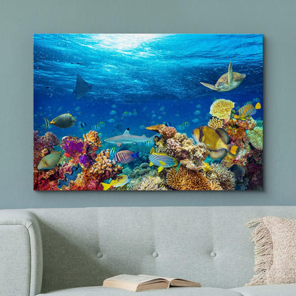 wall26 Canvas Print Wall Art Vibrant Sunshine Ray Coral Reef Turtle Fish Nature Animals Photography Realism Rustic Scenic Landscape Wilderness Colorful for Living Room, Bedroom, Office - 16"x24"