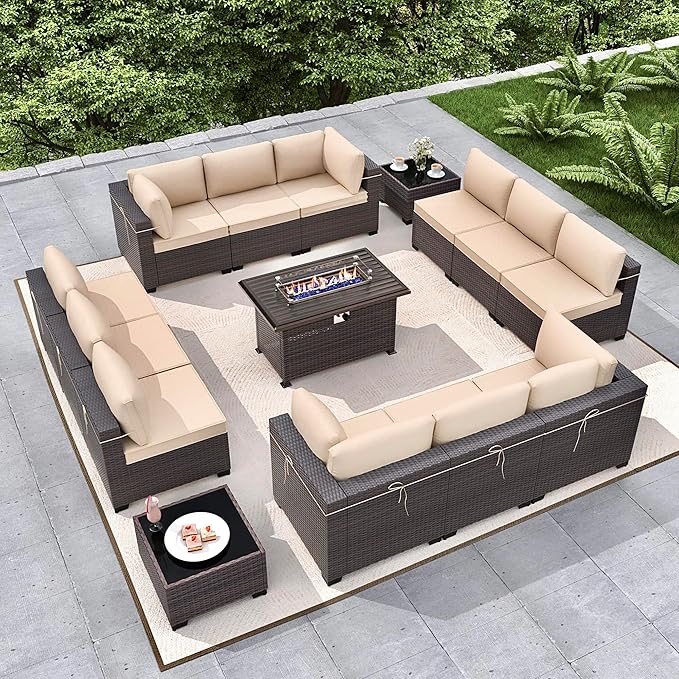 Gotland 15 Pieces Patio Furniture Set with Fire Pit Table, All Weather Rattan Outdoor Furniture with 29.5'' High Backrest 4’’ Thick Cushions Coffee Table, Patio Set for Porch, Deck, Backyard, Khaki