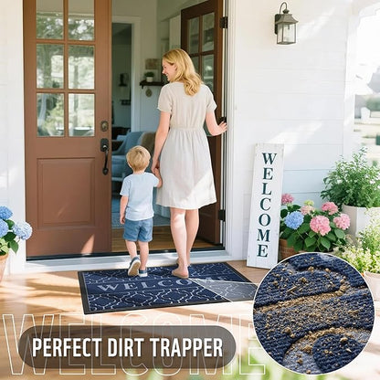 Yimobra Welcome Matt Outdoor Indoor 29.5x17, All-Weather Waterproof Front Door Mat, Non-Slip Low Profile Porch Patio Entrance Doormat, Blue