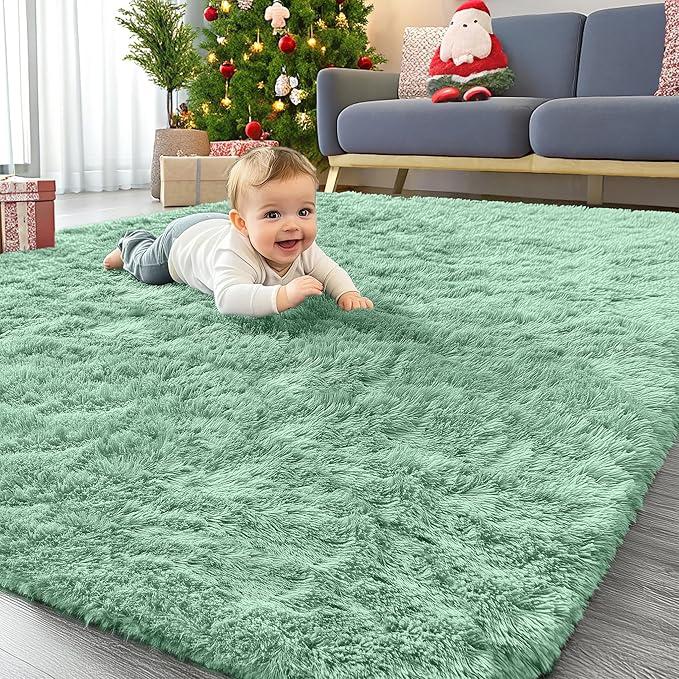 OLANLY Area Rugs for Living Room Bedroom, Machine Washable 4x5.9 ft Soft Fluffy Shaggy Bedside Rug, Indoor Floor Carpet for Kids Girls and Boys, Dorms, Nursery Rooms, Home Decor Aesthetic, Mint Green