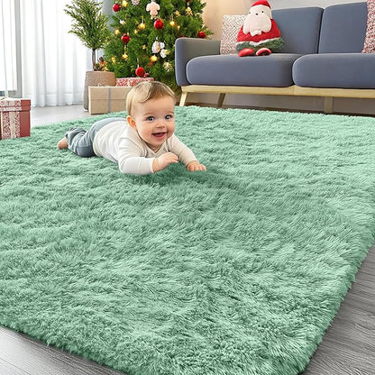 OLANLY Area Rugs for Living Room Bedroom, Machine Washable 4x5.9 ft Soft Fluffy Shaggy Bedside Rug, Indoor Floor Carpet for Kids Girls and Boys, Dorms, Nursery Rooms, Home Decor Aesthetic, Mint Green