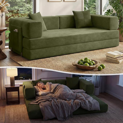 Fancyfire 78.8" Convertible Sofa Bed with Armrest Pillow,4-in-1 Sleeper Couch Bed for Livingroom,Modular Corduroy Boneless couches,No Assembly (Green)