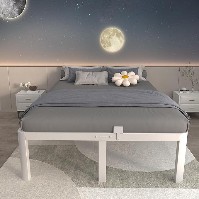 ITIMIDI 16 Inch White Bed Frame King Size with Round Corner Legs, Metal Platform Bed Frame King, Storage Space, No Box Spring Needed, Heavy Duty Steel Support 3500 LBS, Noiseless, Easy Assembly
