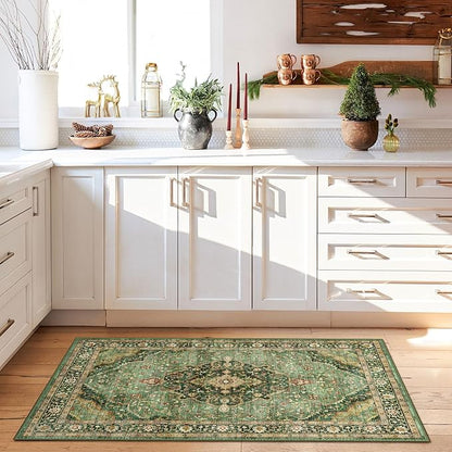 Deerly Green Rug 3x5 Area Rug with Non-Slip Backing, Washable Rugs for Bedroom Living Room Kitchen, Distressed Carpet Printed Low-Pile Soft Dorm Rug Room Decor(Border Green)