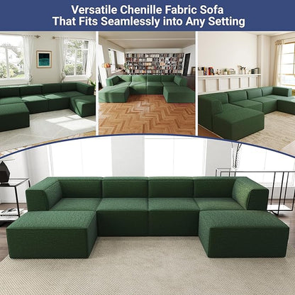 136" 6-Piece Sectional Sofa Modular Couches,L-U-Shaped with Chaise,for Living Room,Compressed Foam No Assembly,for Living Room (2xArmless Corner Ottoman) Fabric Chenille Green