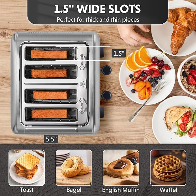 BUYDEEM DT640 Retro 4 Slice Toaster, 7 Shade Settings, Extra Wide 1.5'' Slots