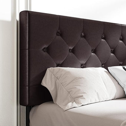 MUTICOR King Size Bed Frame with 4 Storage Drawers, Upholstered Platform Bed with Button Tufted Adjustable Headboard, No Box Spring Needed, Easy Assembly, Diamond Tufted, Brown Leather