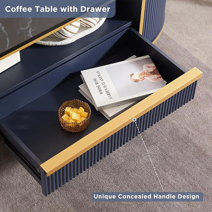 OKD Modern Luxury Fluted Coffee Table, 48" Oval Coffee Table with Drawer, Faux Marble Top, Curved Profile Design, Gold Metal Decor, Center Table for Living Room, Navy Blue