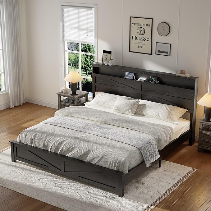 Farmhouse Wooden Bed Frame King Size with Storage Headboard, Boho Platform Bedframe with LED Lights and Charging Station, Metal Slats Support, No Box Spring Needed, Black