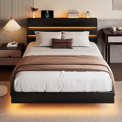 Floating Bed Frame Full Size with Led Headboard and Charging Station, Metal Platform Bed Base with Storage, Remote Control, Heavy Slats Support, No Box Spring Needed, Noise Free, Black