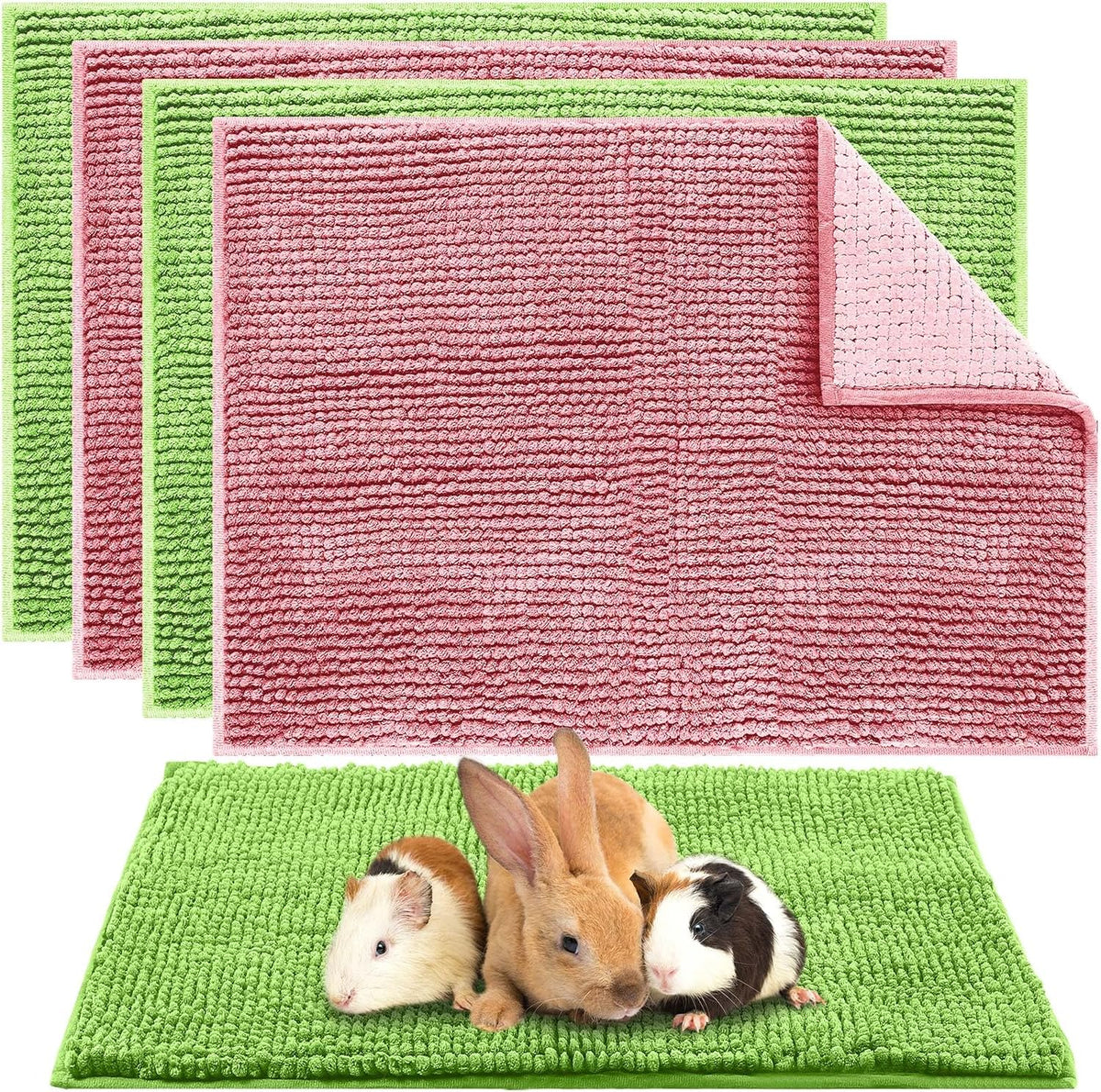 Amylove 4 Pcs Guinea Pig Cage Liner Guinea Pig Bedding Washable Fleece Pee Pads Reusable Small Animals Training Mat Small Animal Sleeping Bed for Bunny Hamster (Green Pink,16 x 24 Inch)