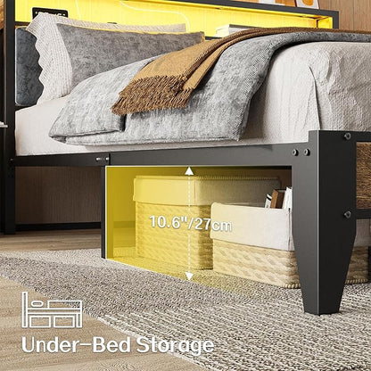OLEVS King Bed Frame with Headboard, Metal Platform Bed King Size with 2-Tier Storage, LED Light & Charging Station Type C, No Box Spring Needed, Easy Assembly