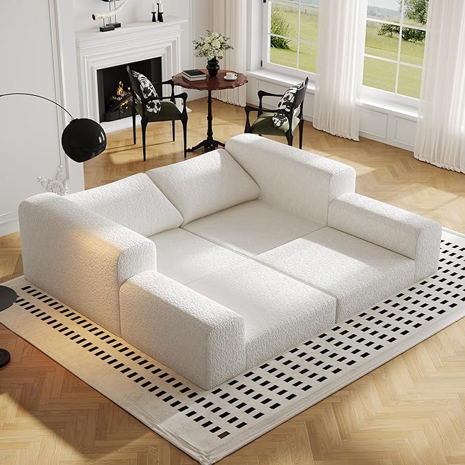 Cloud Modular Sectional Sofa, DIY Combination Modular Couch for Living Room, Unique Knitted Fabric Love Seat Couches with 2 Pillows, 2 Seater Comfy Sectional Couch with No Assembly (Beige)