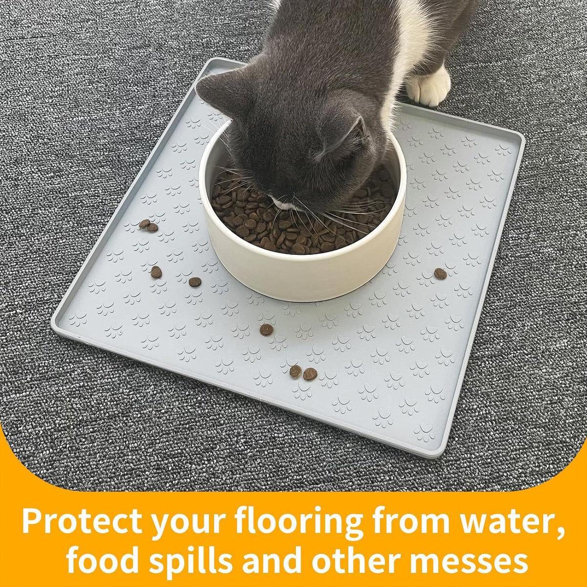 Ptlom Dog Food Mat Anti-Slip Bowl Mats for Food and Water, Waterproof Silicone Pet Placemat with High Raised Edges, Non-Slip Puppy Feeding Tray for Small, Medium Large Cats Dogs, Gray, 11.8"x11.8"