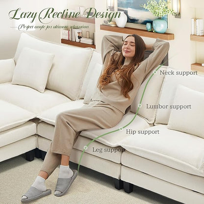 Modular Sectional Sofa, Comfy Cloud Couch with Movable Ottoman, Deep Seat Couches for Living Room, Bedroom and Apartment, 140" U Shaped Modern Sofa with Pillows, Beige
