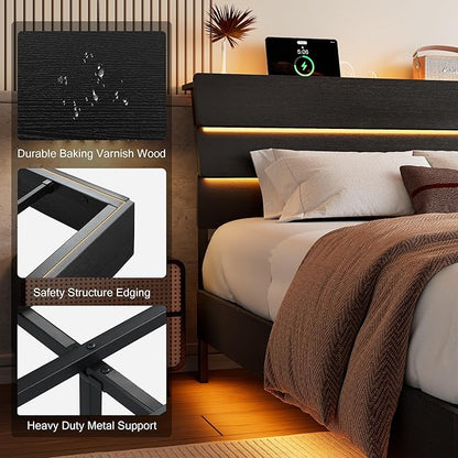 Floating Bed Frame King Size with Led Headboard and Charging Station, Metal Platform Bed Base with Storage, Remote Control, Heavy Slats Support, No Box Spring Needed, Noise Free, Black