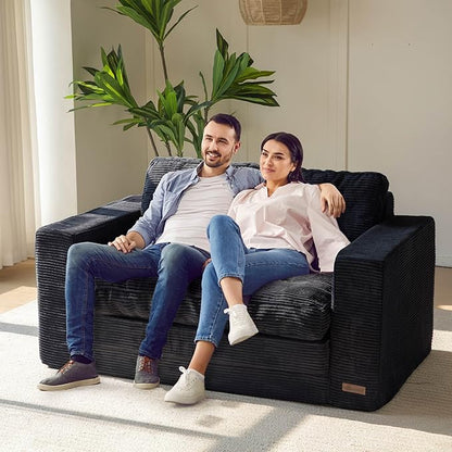 MAXYOYO Convertible Sofa Bed, Pull Out Loveseat Sleeper Sofa, 2 in 1 Folding Couch Bed, Fold Out Floor Couch with Pillows for Living Room Bedroom Lounge, Black