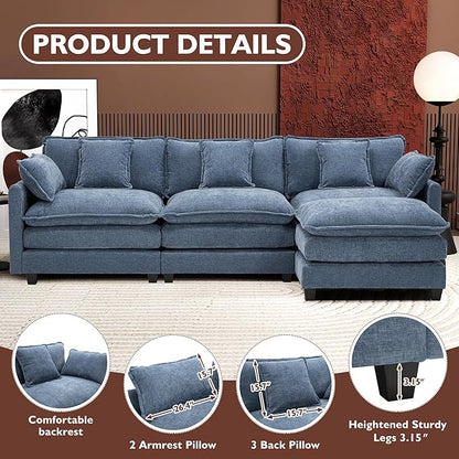 Ihanherry L Shaped Cloud Sofa 111.4" Modern Modular Sectional Couch with Ottoman, 4-Seat Chenille Deep Seat Sofa with Pillows for Living Room, Blue