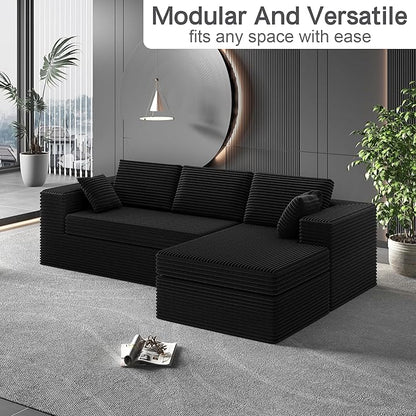 luckyvo 108-inch Boneless Couch for Living Room，Comfy Boneless Sofa with Deep Seats & Chaise Lounge, 3-Seat Modular Sofa Memory Foam Sectional Couches - No Assembly Required(Dark Black)