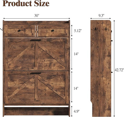 Shoe Cabinet with 2 Flip Drawers & 2 Storage Drawers, Rustic Farmhouse Narrow