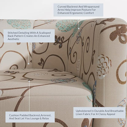 BELLEZE Living Room Chair, Linen Round Accent Barrel Chair, Club Tub Sofa Chair for Bedroom, Corner Chair with Flared Legs and Cozy Soft Padding - Highland (Floral Print)