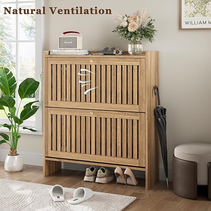 wanan 31.5" Shoe Cabinet with 2 Flip Slatted Drawers, Adjustable & Removable
