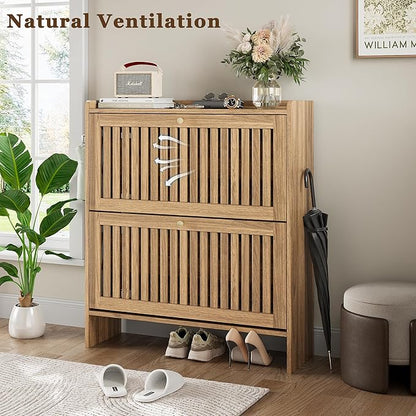 wanan 31.5" Shoe Cabinet with 2 Flip Slatted Drawers, Adjustable & Removable