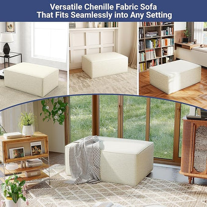 38“ Modular Sectional Sofa Convertible Cube Compressed Couch Seat Set, Combine L-Shaped U-Shaped, Free Assembly, Space-Saving for Living Room, Thick Foam Fabric Chenille Beige White (Only Ottoman)