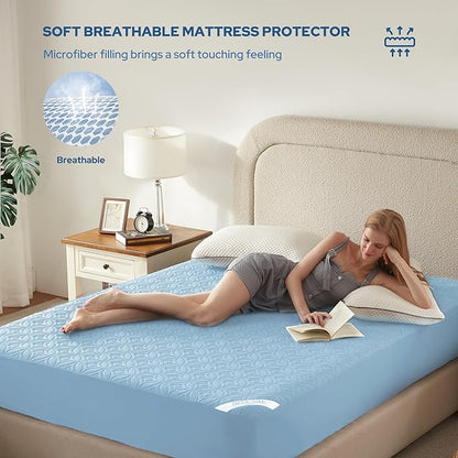 BEDLORE Waterproof Mattress Protector, Cal King Size Mattress Pad with Deep Pocket 6"-19" Depth, Soft Dirt-Proof Double Bed Mattress Cover for Bedroom, College Dorm, Hotel (Sky Blue)