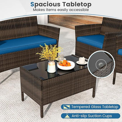 HAPPYGRILL 8 Pieces Outdoor Rattan Conversation Set, Patio Wicker Furniture Set with Loveseat Chairs & Tempered Glass Coffee Table, Outside Sectional Sofa Set for Backyard Garden Poolside, Blue
